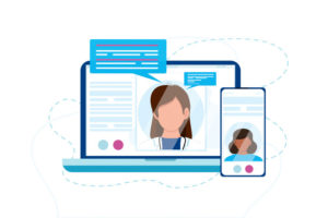 Cartoon image of doctor on computer screen having conversation with patient on mobile phone