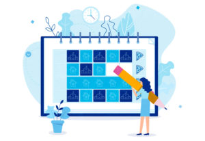 parent of a kid with special needs holds a giant pencil up next to a color-coded back-to-school calendar