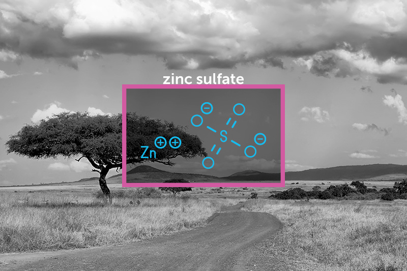 molecular structure of zinc sulfate imposed over Tanzania landscape