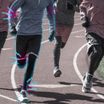 Runners on a track with pain radiating from one runner's ankle and knee.