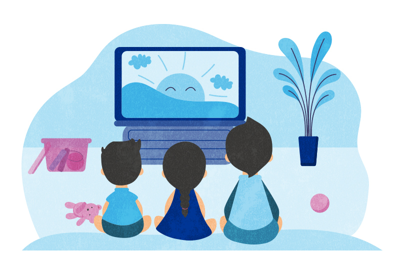 Drawing of children sitting in front of TV with toys around them on the rug