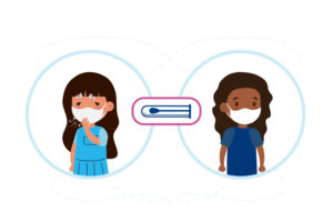 illustration of two child with/without COVID-19 symptoms and testing swab