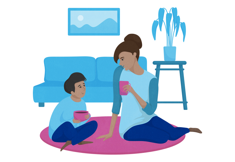 an illustration of a mom and son talking