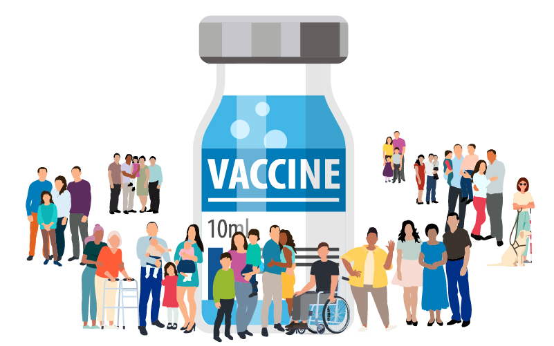 Illustration of vaccine bottle surrounded with images of diverse people