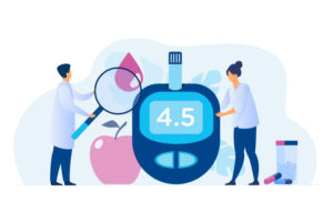 graphic of blood sugar monitor superimposed over apples and blood drop