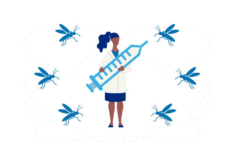 woman holding vaccine syringe surrounded by mosquitoes