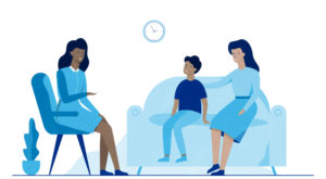 an illustration of a child and mother meeting with a psychologist