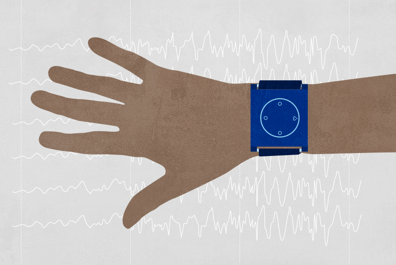 an illustration of a hand and arm with a wristband to detect seizures