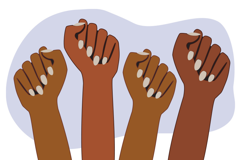 Illustration of Black and brown hands raised in celebration