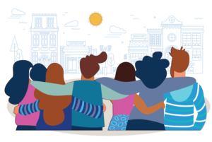 A community of people link arms in a show of unity and support