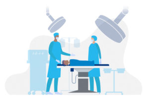 Two members of a surgical team safeguarding patient safety during COVID-19.