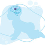 illustration of crawling baby emphasizing brain and globus pallidus within the brain