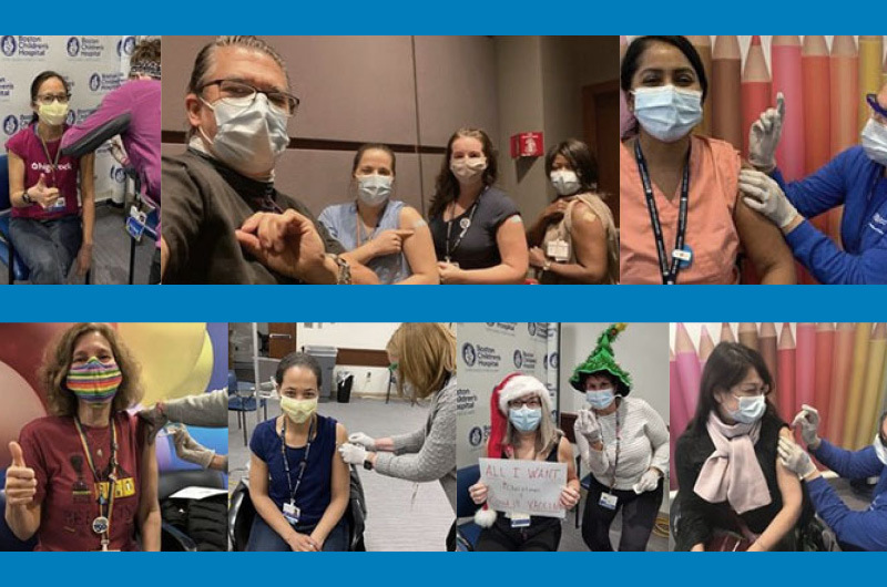 A collage of clinicians, many of them people of color, receiving vaccinations.