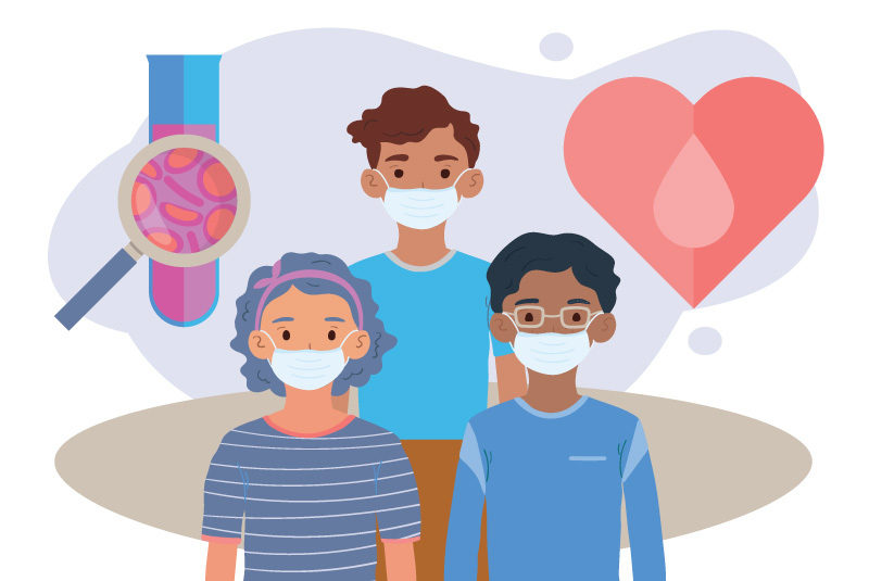 An image of blood in a tube, children with masks, and a heart