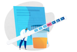 an illustration of a clinician holding a urine test strip signifying moyamoya biomarkers