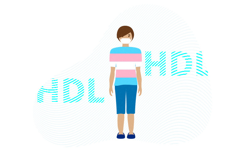 illustration of person wearing trans shirt with HDL above and below