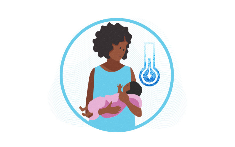 illustration of Black woman holding an infant with a cooling thermometer