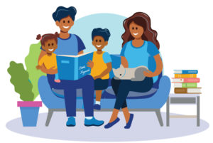 Parents read books with their young kids