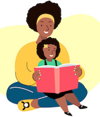 A Black mother and daughter read a children's book together.