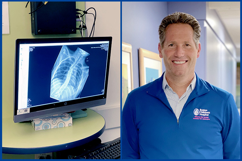 Dr. Daniel Hedequist stands next to an x-ray image of a spine with scoliosis. Vertebral body tethering is a new surgical option for families to consider.