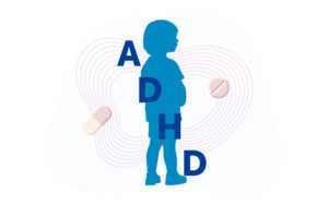 illustration of a small child with two types of ADHD medications on each side