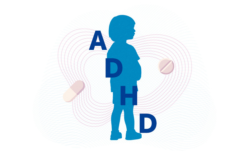 illustration of a small child with two types of ADHD medications on each side