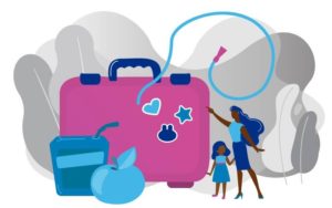 an illustration of a lunch box, feeding tube, food, and a child
