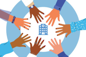 Many hands reach out, helping create a more inclusive working and learning environment by tackling microaggressions.