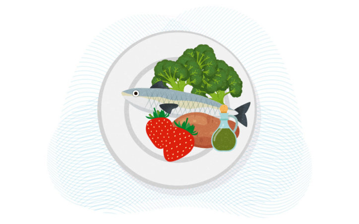 plate with low-carb foods (fish, vegetables)