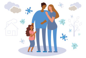 An illustration of a happy and supposedly informed family show them surrounded by COVD-19 DNA structures and a tree from which the variants come from.