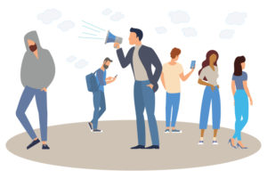 Young adults in separate groups, peer pressure concept