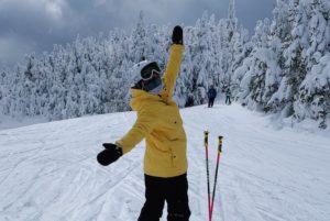 Sophia, back on her skis after two ACL injuries.