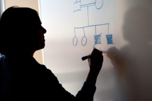 Epilepsy genetics specialist Ann Poduri, MD, drawing a pedigree chart on a whiteboard