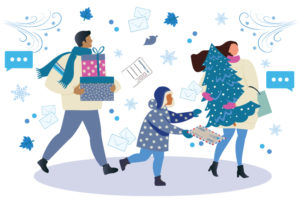 Two adults and a child with presents and a holiday