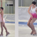 two side-by-side images of drew ice skating at an indoor rink