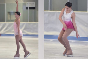 two side-by-side images of drew ice skating at an indoor rink