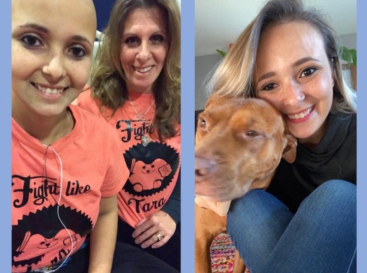 Photos of a bald Tara with her mother Angela on transplant day, and a healthy Tara today with her rescue puppy Maysie.
