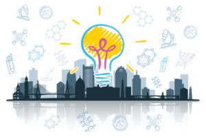 Boston skyline with a lightbulb to symbolize research advances