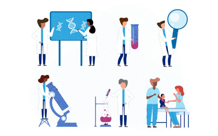 Cartoon illustration showing the different steps for developing personalized drugs: genetic testing, laboratory work, drug formulation, and treating a patient.