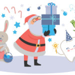 An illustration shows a gift-bearing Santa Claus with the Easter Bunny and Tooth Fairy.