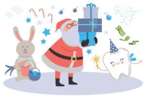 An illustration shows a gift-bearing Santa Claus with the Easter Bunny and Tooth Fairy.