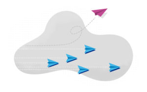 paper airplanes flying together, with one airplane flying higher than the others