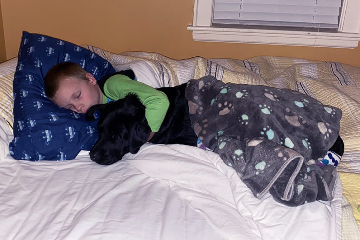kyle sleeps under a blanket while hugging his dog