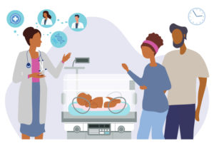 A family and neonatologist having a discussion about genomics findings at a NICU infant's bedside. Thought bubbles over the neonatologist’s shoulder represent the input of remote experts in genetics.