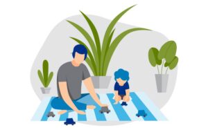 a parent and child play with toy cars together