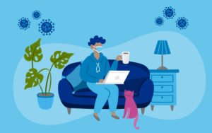 woman sitting on a couch and wearing a mask to quarantine for covid