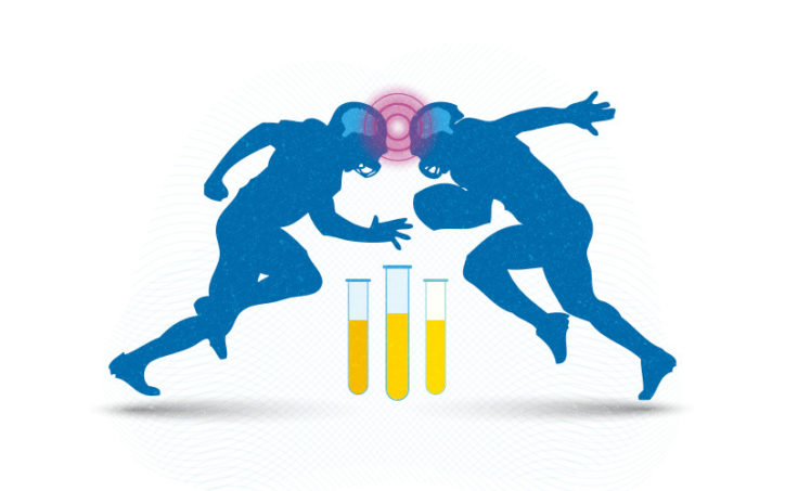 Two athletes about to collide head to head, with vials of urine to illustrate the concept of urine testing for concussion.