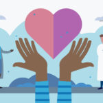 An illustration show a pair of hands raised underneath a heart, with a doctor standing on each side.