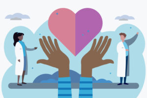 An illustration show a pair of hands raised underneath a heart, with a doctor standing on each side.