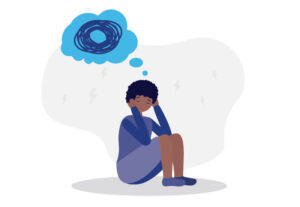 child with a rain cloud thought bubble to denote depression